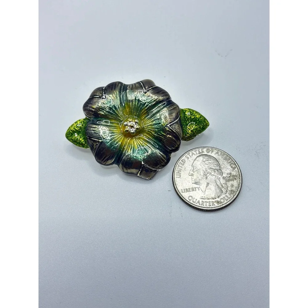 Vintage Enamel Flower Brooch Iridescent Teal Green Leaf Silver‎ Tone Floral Pin